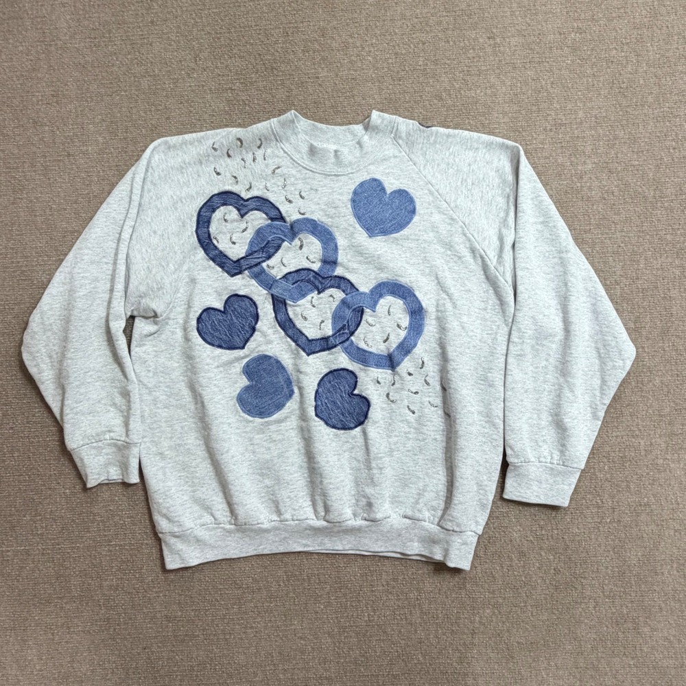 Vintage Fruit‎ of the Loom Hearts Sweatshirt Gray Blue Denim Applique Large USA